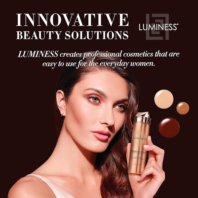 LUMINESS Silk Airbrush Spray Foundation & Buffing Brush Kit – Full Coverage Foundation & Dual-Sided Buffing Brush - Buildable Coverage, Anti-Aging Formula Hydrates & Moisturizes (Shade - Tan)