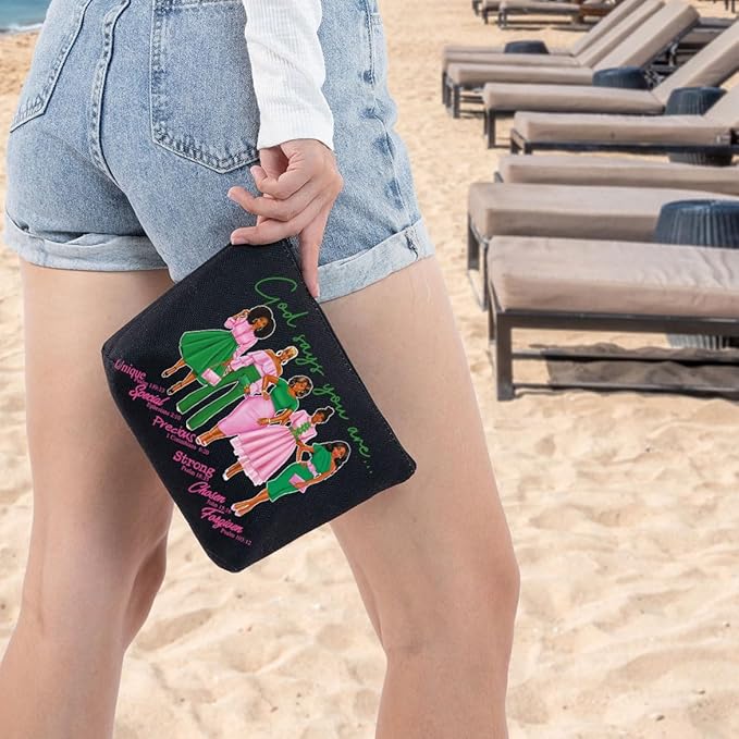 WZMPA Sorority Sisters Cosmetic Makeup Bag Pink and Green Gift God Says You Are Sorority Makeup Zipper Pouch Bag Greek Sorority Paraphernalia (God Says AK-BL)