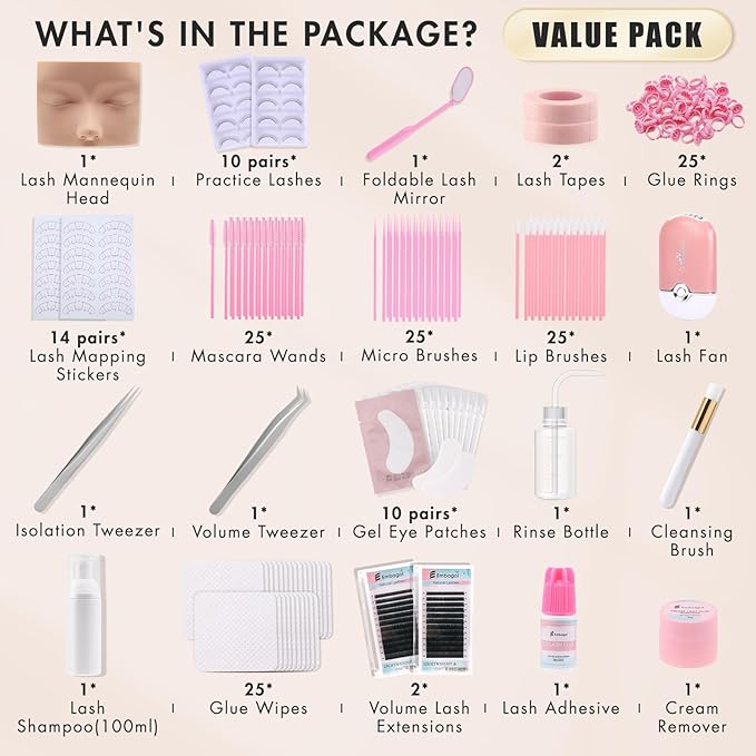 Lash Extension Practice Kit, Eyelash Extension Training Kit for Beginners, Professional Eyelash Mannequin Head Set with Lash Fan, Lash Shampoo, Lash Adhesive, Glue Rings and Lash Mirror