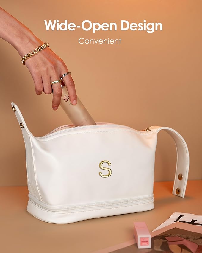 Engagement Gifts, Initial Large Makeup Bag, Personalized Double Layer Cosmetic Bag with Makeup Brush Organizer, Waterproof, Large Capacity PU Leather Travel Toiletry Bag