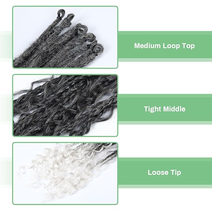 24 In 30 Strands Boho Dreadlock Extensions, Gray to White Synthetic Curly Dreads Extensions with Box Braid, 100% Handmade Dreads Hippie Style Dreadlocks for Woman