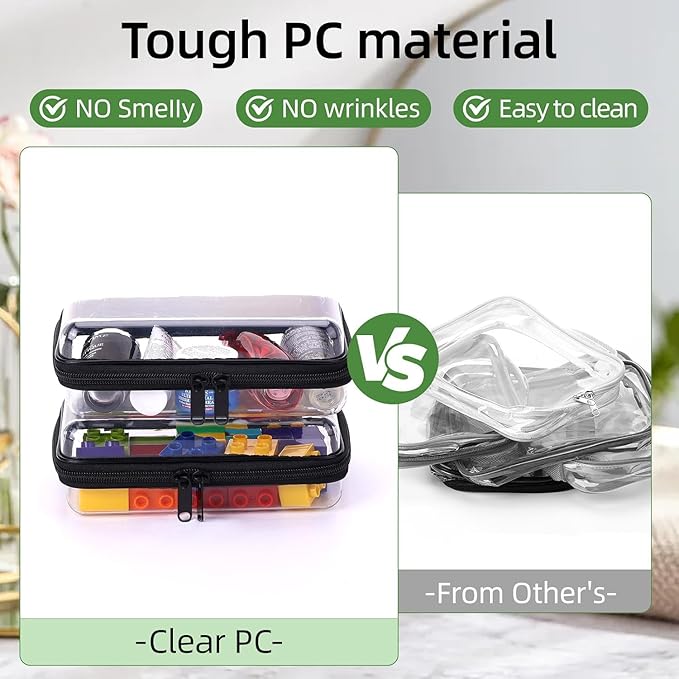 3PCS Clear Zipper Cases, Portable Clear Organizer Pouches for Travel, Double Zippered Hard Shell Plastic Case, Cosmetic Bag for Make Up Tools, Toiletries, Toy Storage (Black, 1 Pack)