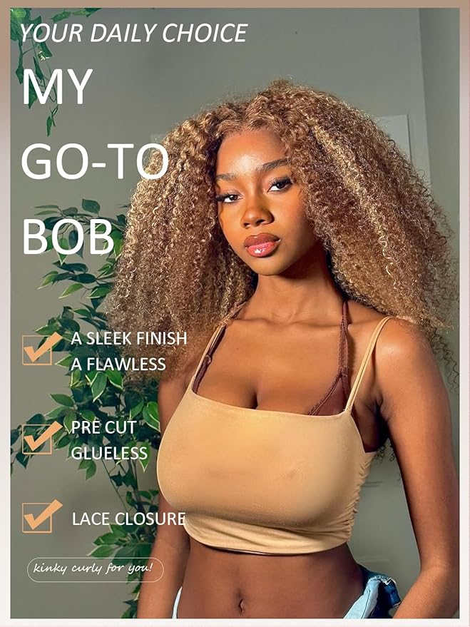 5×5 Kinkycurly Highlight Ombre and Brown Bob Wig Human Hair Glueless Wigs Human Hair Pre Plucked Pre Cut Short Curly Free Part Honey Blonde Hd Lace Closure Wigs Human hair for Black Women 12 Inch