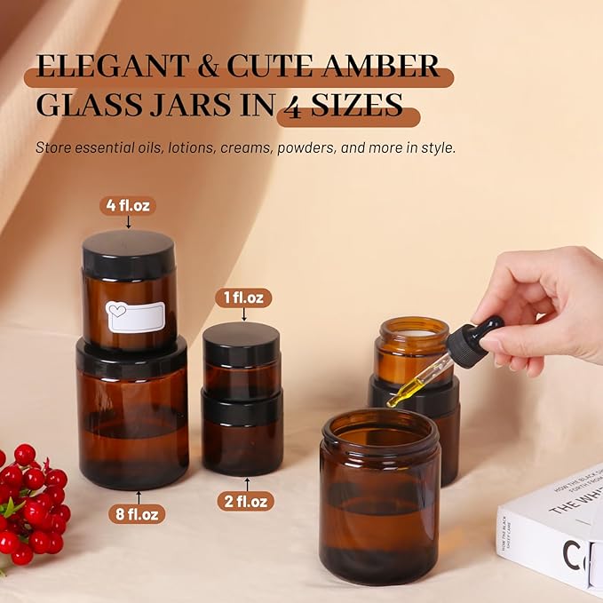 AuroTrends 4 oz Amber Glas Jars with Lids 12Pack, Portable Amber Round Empty Glass Candle Jars with Lids/Body Butters Containers/Body Butter Jar (4 fl. oz, Set of 12)