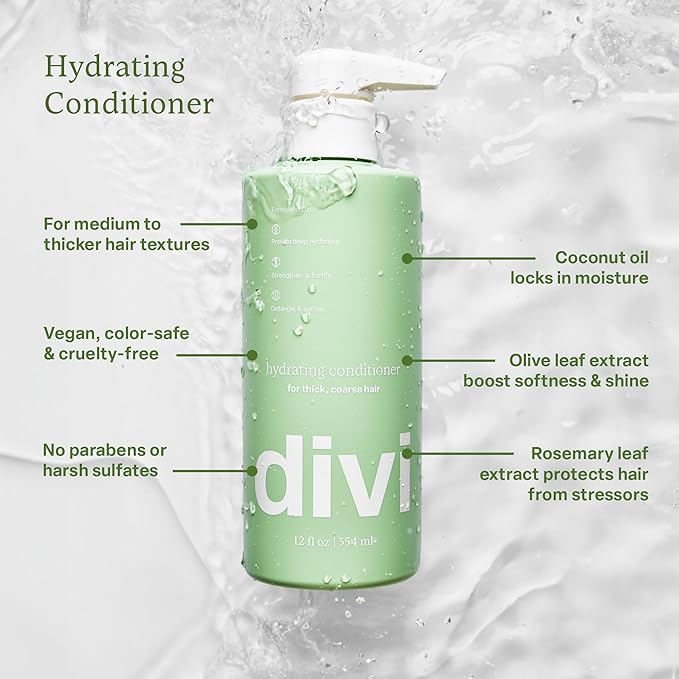 Divi Hydrating Shampoo and Conditioner Set for Women and Men - Gently Cleanses, Removes Scalp Buildup, Hydrates, and Nourishes Hair, Strengthens All Hair Types, Vegan, Cruelty-Free, 2 x 12 Fl Oz
