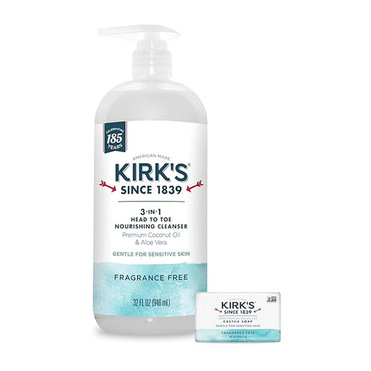 Kirk's 3-in-1 Head to Toe Nourishing Cleanser & Travel Size Bar Soap - for Men, Women & Children, Made with Premium Coconut Oil and Aloe Vera, Non-GMO & Vegan, Fragrance Free, 32 Fl Oz.
