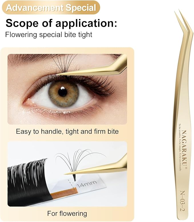 NAGARAKU Eyelash Extension Tweezers Gold Straight Curved 1 pair Angled Long tip Volume Cluster Light Weight Easy Fanning Tweezers Stainless Steel Precision