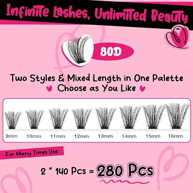 DIY Lash Extension Kit 280pcs Lash Clusters D Curl Eyelash Extension Kit Individual Lashes with Lash Bond and Seal Lash Applicator Easy to Apply at Home(80D-9-16mix Kit)