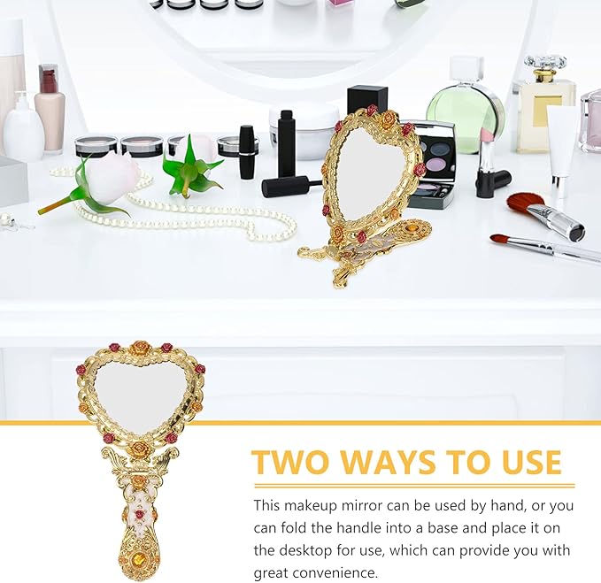 Beaupretty Hand Mirror Vintage Handheld Mirror Heart Shaped Travel Mirror Salon Barber Hairdressing Mirror Cosmetic Mirror for Pocket Purse Birthday Golden