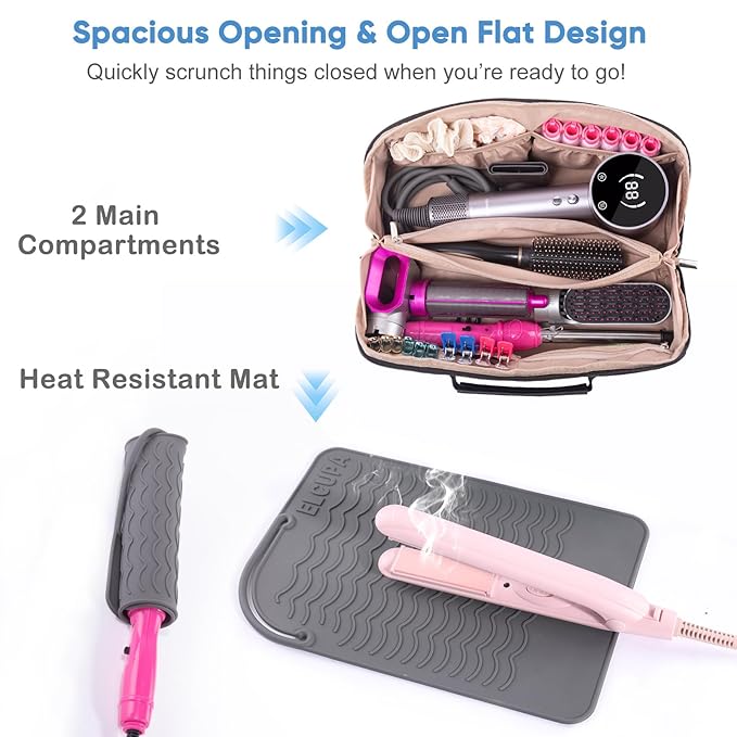 Large Travel Bag - 2in1 Hair Tools Organizer for Dryer Brush, Flat Irons, Straighteners, Curling Irons, Makeup Bag for Travel Essentials
