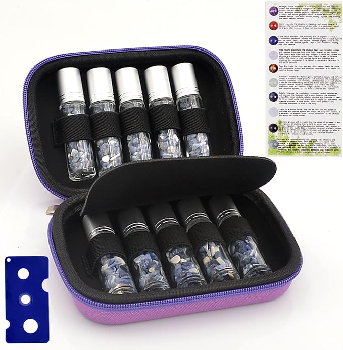 Essential Oil Roller Bottle 10ml w EVA Carrying Travel Case（Clear Glass Bottle with silver Cap、10pack、Gemstone Roller Balls、Healing Crystal Chips Inside、Opener)Gemstone Roller Ball Bottles