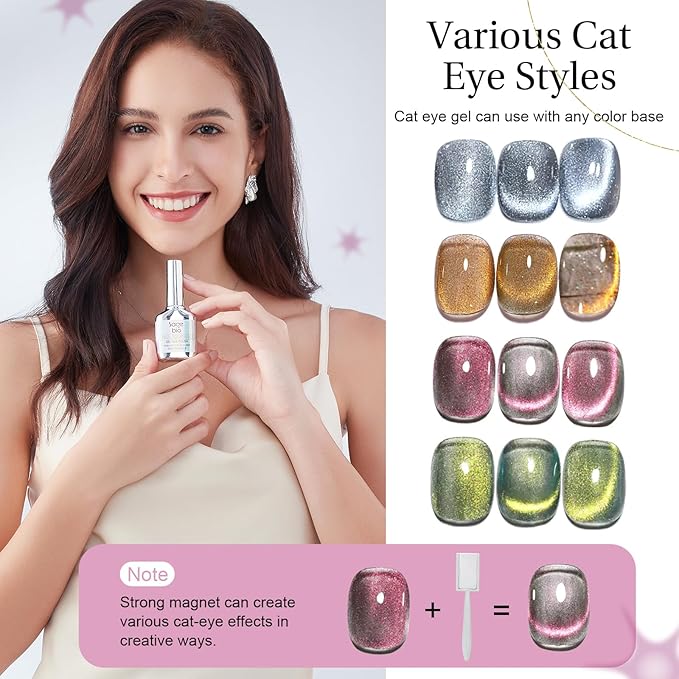 Cat Eye Gel Nail Polish Set with Strong Magnet Stick, 4 Colors 7.5ml Gel Polish Kit + 1 Box Nail Art Rhinestones + 3PCS Nail Art Stamper Kit Clear Silicone Nail Stamping for DIY Manicure