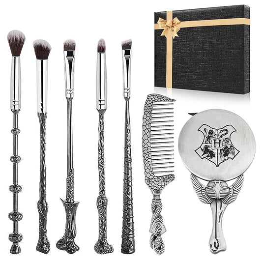 Harry Makeup Brushes Gifts Set for Women, Potter Makeup Brushes with Mirror & Comb, Christmas Birthday Gifts for Kids, Silver