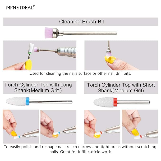 Ceramic Nail Drill Bits Set 7Pcs, Durable Less Dust, 3/32 inch for Acrylic Gel Nails Cuticle Manicure, Professional Acrylic Nail File Drill Bit