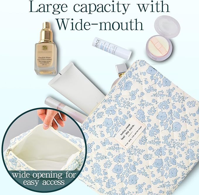 Makeup Bag, 3 PCS Quilted Makeup Bag, Cute Floral Cotton Cosmetic Bag set, Coquette Makeup Pouch Large Travel Toiletry Bag