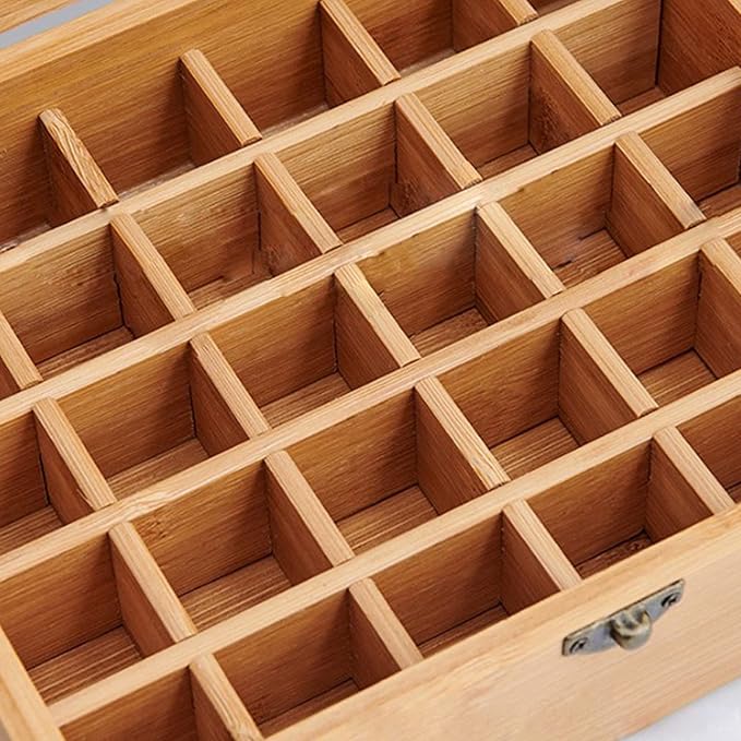 Pure Vie Bamboo Essential Oil Storage Box Travel Organizer Case with Bottle Cap Label - Aromatherapy Nail Polish Fragrance Container, Holds 30 Bottle for 5-15ml - Keep Scented Oil Safe & Space Saver