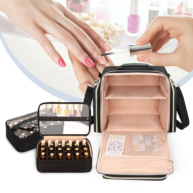 OCHEAL Nail Polish Organizer Case for 50-60 Bottles (15ml) - Portable Manicure Storage Bag with 2 Detachable Pouches, Nail Lamp Compartment & Tools Sections - Travel-Friendly Cosmetic Carrying,Black