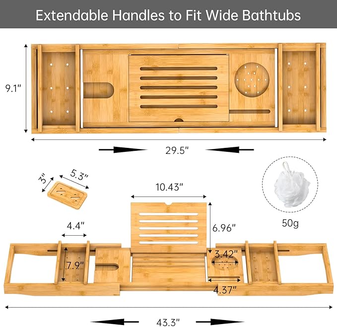 Bamboo Bathtub Tray for Luxury Bathroom, Expandable Premium Bath Tray w/Soap Towel Book Holder, Adjustable Bath Accessories for Tub,Extendable Tub Tray w/Wine Glass Cup Organizer 29.5"-43.3" Nature