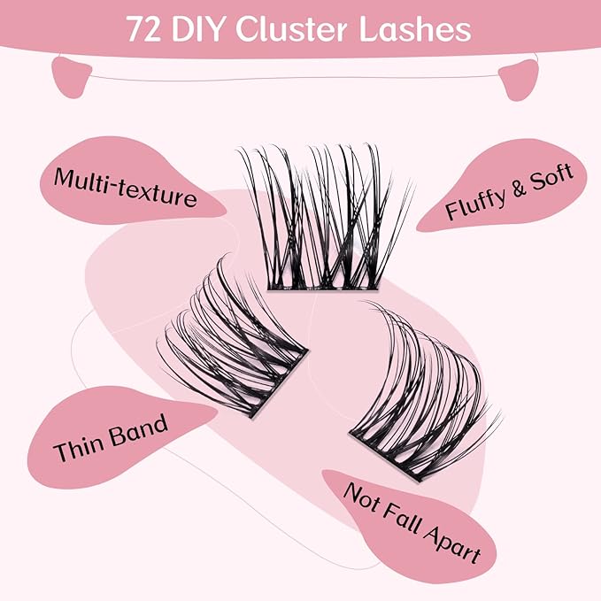 Cluster Lashes, 72 Pcs Individual Lashes, Lash Clusters DIY Eyelash Extension, Super Thin Band Reusable Soft & Comfortable (Passion-D-12mm)