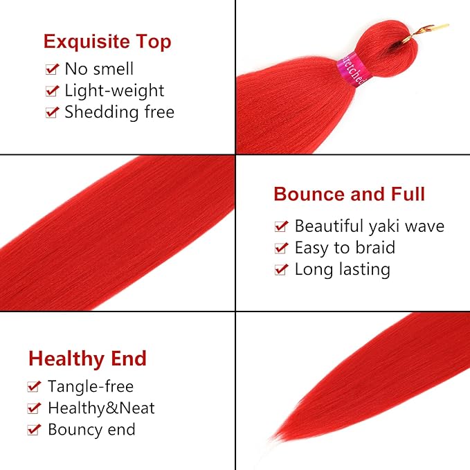 Red Braiding Hair 28 Inch 3 Packs Pre Stretched Braiding Hair for Box Braids Hot Water Setting Easy Braid Yaki Texture Braids Synthetic Hair Extensions Crochet Bradids Hair