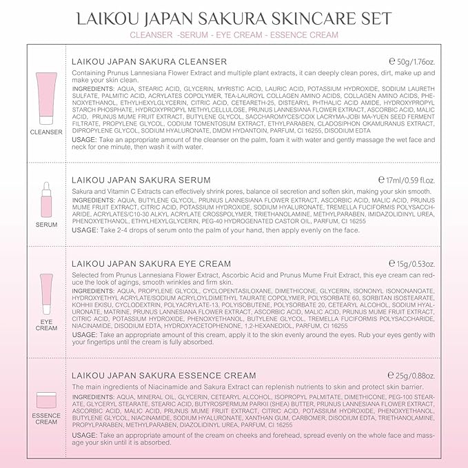Skin Care Set JAPAN SAKURA Beauty Gift Sets Skin Care Kit with Cleanser, Serum, Eye Cream, Face Cream Travel Kit for Women Mom Wife Teen Girls Gentle Skin Cleaning TSA-friendly Sizes 4pcs