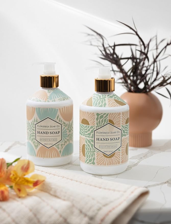 FlowerBox Liquid Hand Soap Set –Beautiful Pack of 4 Scented Pump Soaps –Bathroom & Kitchen Luxury Decorative 500ml Italian Mosaic Bottles–Meyers Refillable Dispensers–Works for Bath and Body Wash Gift