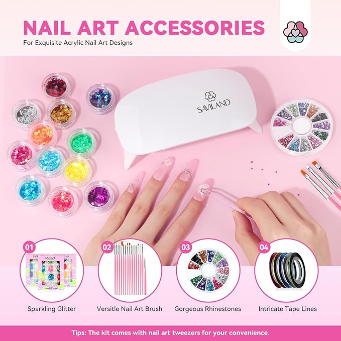 SAVILAND Acrylic Nail Kit with Everything: Professional Nails Kit Acrylic Set for Beginner Acrylic Powder Acrylic Liquid Gel Polish Kit U V Light Acrylic Nail Set Full Acrylic Nail Supplies Home Salon