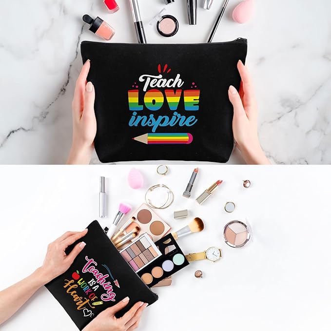 Oudain 8 Pcs Teacher Appreciation Gifts for Women Graduation Gifts Canvas Tote Bag Cosmetic Toiletry Canvas Makeup Bags with Zipper for Teacher Birthday Farewell Parties