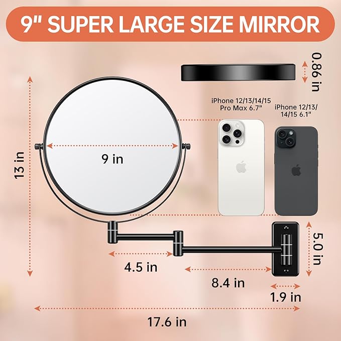 Benbilry 9" Large Size Wall Mounted Makeup Mirror, 1X/10X Magnifying Double Sided Shaving Mirror for Bathroom, 360° Swivel Extendable Arm Black
