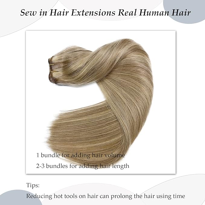 Sew in Hair Extensions Real Human Hair, Weft Hair Extensions Human Hair Bundles 12 Inch 80G Ash Blonde Balayage Blonde Highlights Human Hair Weft Extensions Sew in Hand Tied Weft Hair Extensions