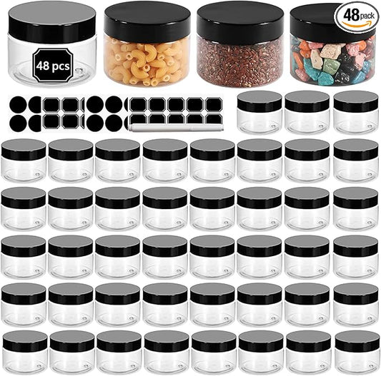 48 Pack 120ml 4 oz Empty Clear Plastic Jars with Black Lids, Refillable Round Containers for Slime,Beauty Products, powder, Cream, Scrubs, Cookie,Dried Fruit. Include 1 Pen and 120 Labels.