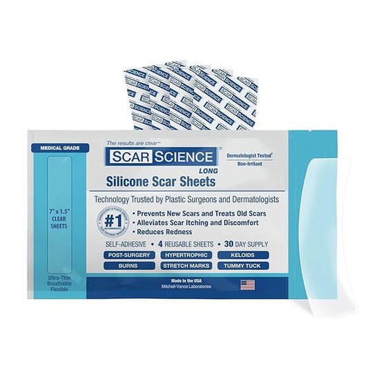Medical Grade Silicone Scar Sheets - Large 7" Water Resistant, Reusable Silicone Scar Strips - Breathable Clear Scar Tape for C-Section, Tummy Tuck, Surgical Scars Keloids, etc. - 4 Strips