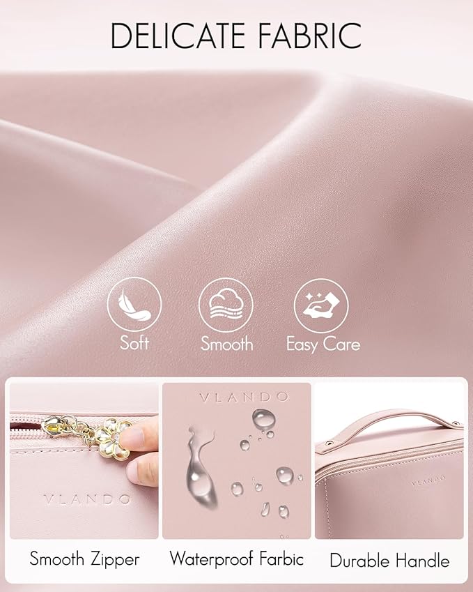 Vlando Travel Makeup Bag,Toiletry Bag for Women Waterproof Portable Makeup Organizer Bag with Divider and Handle for Travel Essentials,Gifts for Her-Pink