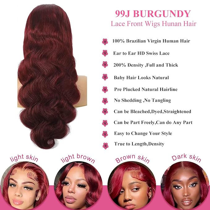 99j Burgundy Lace Front Wigs Human Hair 200% Density 13x6 Body Wave Lace Front Wigs Human Hair Pre Plucked Glueless Red Wig Wine Red Lace Front Wigs Human Hair Wigs for Women 13x6 Frontal Wig 32 Inch