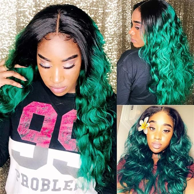 1b/Green Brazilian Body Wave Bundles 2 Tone Ombre 1 Bundle Remy Hair Body Weft Unprocessed 12A Virgin Human Hair (16", Body 1B/Green)
