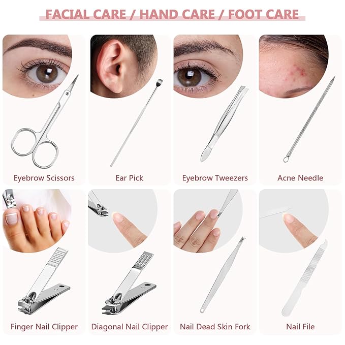 Lasnten 24 Set Manicure Set Bulk Nail Clippers Grooming Nail Kit Stainless Steel Professional Pedicure Kit Pedicure Tools with Travel Case Gifts for Men Women Personal(8 in 1,Shiny Pink)