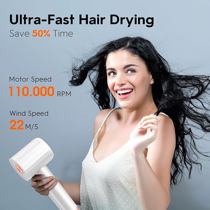 Ionic Hair Dryer, Professional High Speed Blow Dryer with Brushless Motor for Fast Drying, Low Noise, Lightweight, Thermo-Control Bowdryer for Women Home (White)