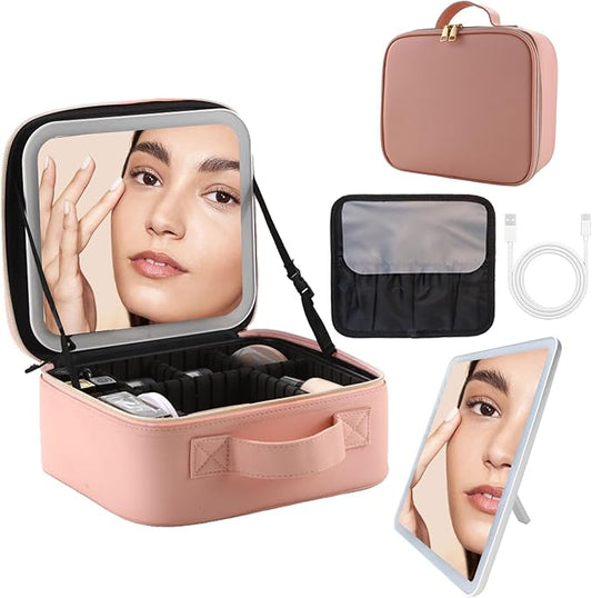 Travel Makeup Bag with LED Lighted Mirror,Cosmetics Organizer, Makeup Bag with 3 Color Lighted Setting, Portable Storage and Adjustable Dividers Travel Makeup Bag(Pink)