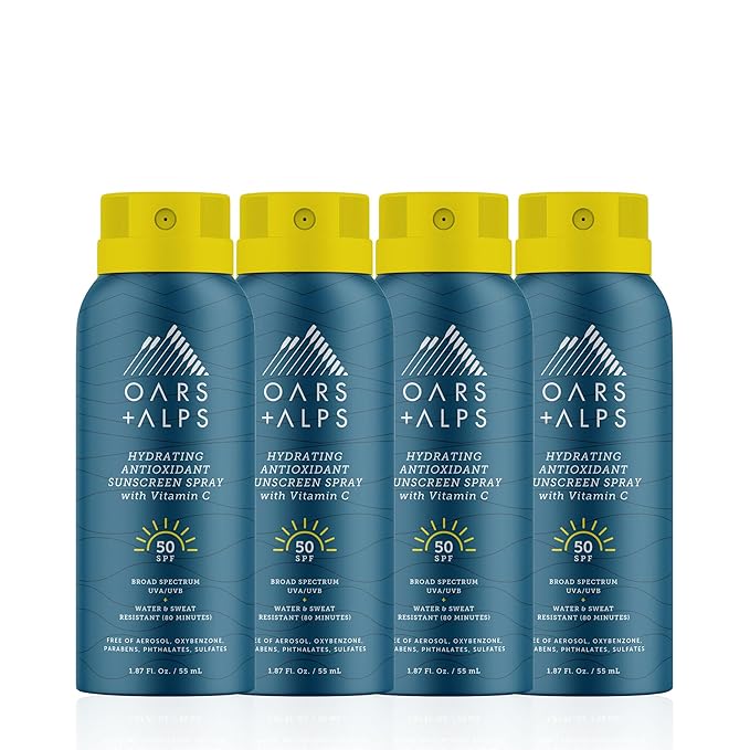 Oars + Alps Hydrating SPF 50 Sunscreen Spray, Infused with Vitamin C and Antioxidants, Water and Sweat Resistant, TSA Friendly, 1.87 Oz Each, 4 Pack