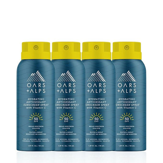 Oars + Alps Hydrating SPF 50 Sunscreen Spray, Infused with Vitamin C and Antioxidants, Water and Sweat Resistant, TSA Friendly, 1.87 Oz Each, 4 Pack