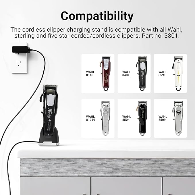 Charger for Wahl Professional Cordless Clipper, Charger Stand Compatible with Wahl, Sterling and 5-Star Cord Clippers 8148 8481 8591 81919 Replacement Parts 3801 Adapter (ONLY Charging Station Base)