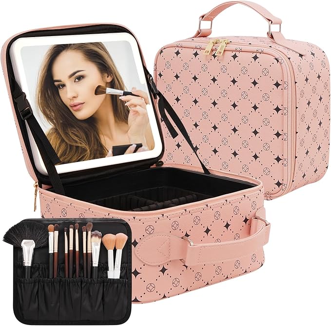 Travel Makeup Bag With 360° rotating LED Mirror,Waterproof cosmetic organizer,Portability Cosmetic case,Makeup organizer,Gift for Women,Girls Gift (Pink)