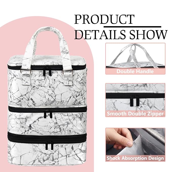 Large Nail Polish Organizer Case Hold 84+ Bottles Nail Polish & Nail Lamp, 3 Layers Nail Organizers and Storage for Nail Tech with Divider, Travel Carrying Case for Nail Polish Kit Set(White)