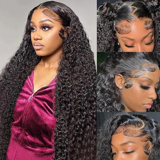 Aomllute 36 Inch Lace Front Human Hair Wig - Pre Plucked 200 Density 13x4 HD Deep Wave Curly Frontal Wig With Baby Hair for Women - Natural Black