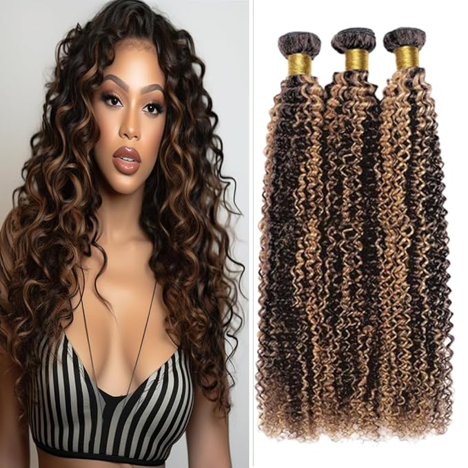 P1B/30 Bundles Ombre Kinky Curly Human Hair Bundles Two Tone Black and Brown Brazilian Human Hair Weave Wet and Wavy for Black Women 20 22 24 Inch