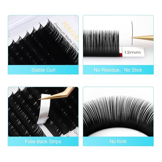 NAGARAKU Double Tips Ellipse Eyelash Extensions Lighter Thinner Flat Split Tips Individual Lash 0.15mm C curl 8mm Matte Black Faux Mink Classic False Lash Supplies 16 Rows