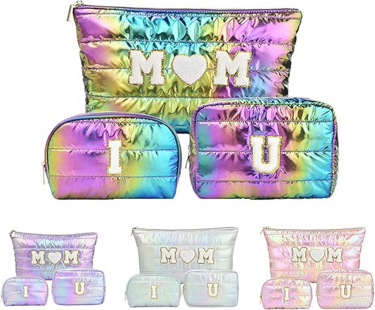 Hiroyuki 3pcs Iridescent Quilted Makeup Bag (ILOVEUMOM, rainbow)
