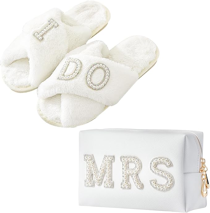 Bride To Be Gift Set - Makeup Bag, Slippers, Robe, Hair Clip - Wedding Gifts