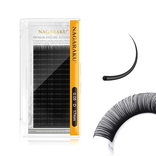 NAGARAKU Eyelash Extensions Individual Lashes 0.05mm D curl 17mm Classic Super Matte Black Soft Natural Faux Mink 16 rows Stable curl