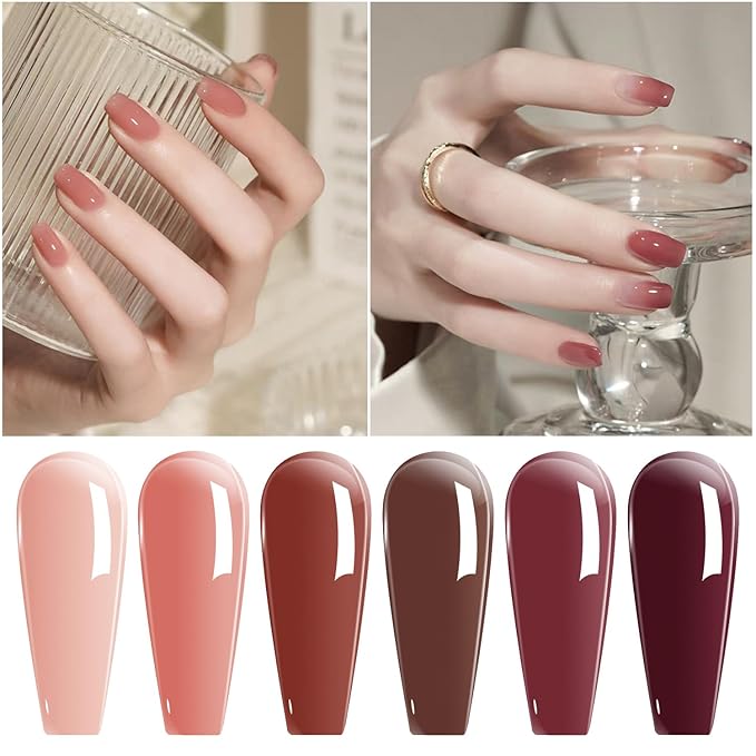Vishine Jelly Gel Nail Polish Fall Winter Crystal Transparent Gel Polish Set Translucent Sheer Clear Dusty Rose, Red Burgundy, Skin Nude Gel Polish 6 Colors Gift Collection Manicure Kit 8ml